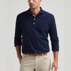 PETER MILLAR Croxley Linen Cotton Blend Long Sleeve Polo Shirt XL Navy Blue